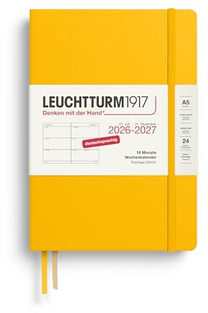 LEUCHTTURM1917 Veckokalender 2027 medium (A5) – tyska, solros, inbundet lock, 145 x 210 mm, 18 månader – 07. 2026-12.2027, 1 vecka per dubbelsida, 80 g/m² papper med hög bläckkompatibilitet