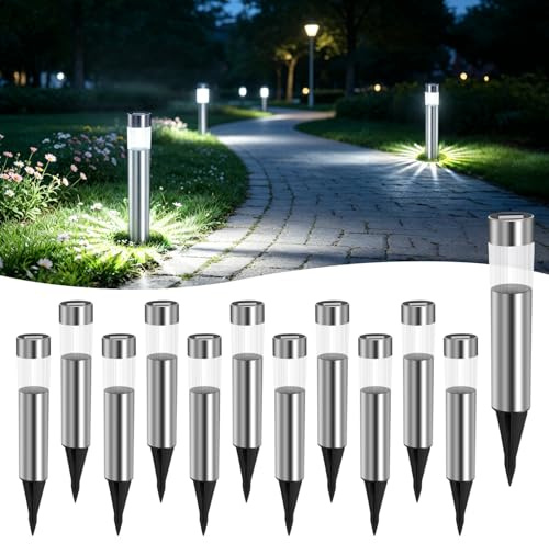 Aigostar 12Uds Luces Solares Jardin Pincho, Acero Inoxidable, IP44, Luz Fría 6500K, Luz Solar Exterior Jardin para Terraza Césped Patio Pasillo H31.5cm