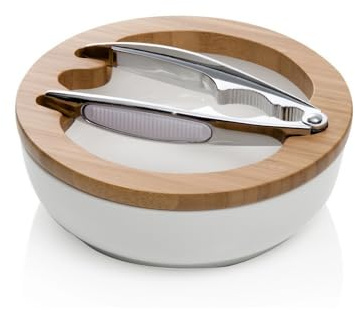 Brandani 55633 Ciotola portanoci in porcellana con supporto in bamboo e schiaccianoci in metallo cromato
