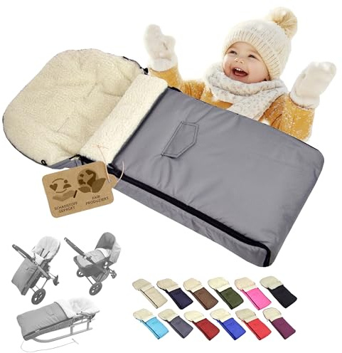 Babys-Dreams BAMBINIWELT universaler Winterfußsack 108 cm – aus Lammwolle, warm & weich – passend für Kinderwagen, Buggy & Schlitten – wasserabweisend & waschbar, Farbe: Hellgrau