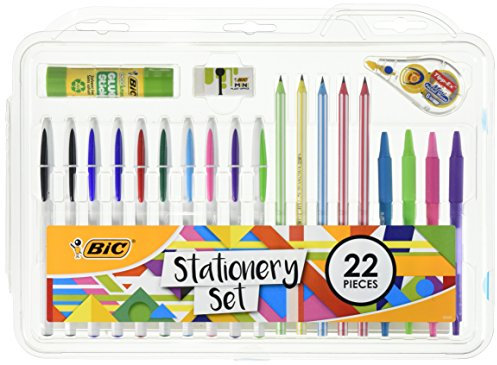 Bic 961543 - Set di cancelleria con colla, mini gomma, nastro correttivo, matita in grafite HB, penna a sfera, confezione da 22