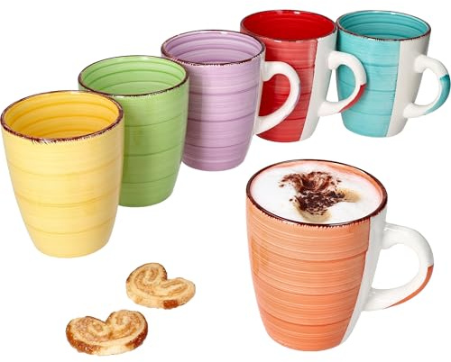 MamboCat 6-TLG. Kaffeebecher-Set Uni bunt Tee-Tasse groß Kaffee-Pott Trink-Becher Kakao-Milch rund 320 ml Geschirr Tafel-Zubehör Frühstück-Buffet