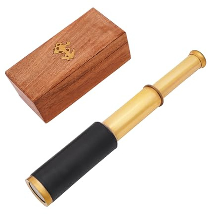 Mythrojan Brass Handheld Telescope 9 Mini Leather Brass Spyglass with Wooden Box - Pirate Telescope, Spyglass Collapsible Monocular Decorative Telescope Perfect for Gift