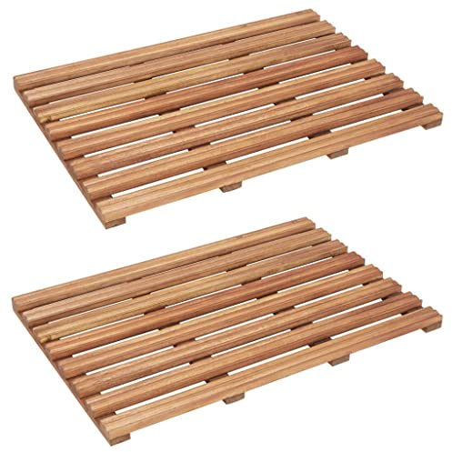 vidaXL Acacia Wood Non-Slip Bath/Shower Mats 56x37cm - Natural Oil Finish ic Bathroom/Sauna Floor Mats, Beige, Water (2-Pack)