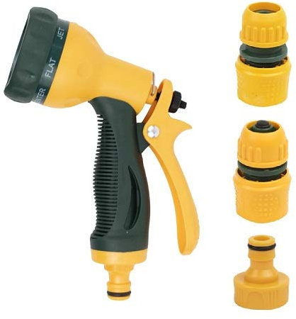 Virsus Kit multiflow Pistola da giardino Multifunzione a 7 Funzioni + 1 raccordo Acquastop + 1 raccordo libero per tubo da 1/2 e 5/8 + 1 attacco a rubinetto da 3/4 per innaffiare, irrigare