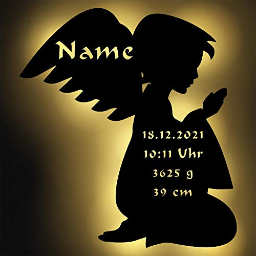 Namofactur Schutzengel Baby Geschenk Mädchen Junge personalisiert mit Namen zur Geburt Taufe Engel Figur aus Holz beleuchtet