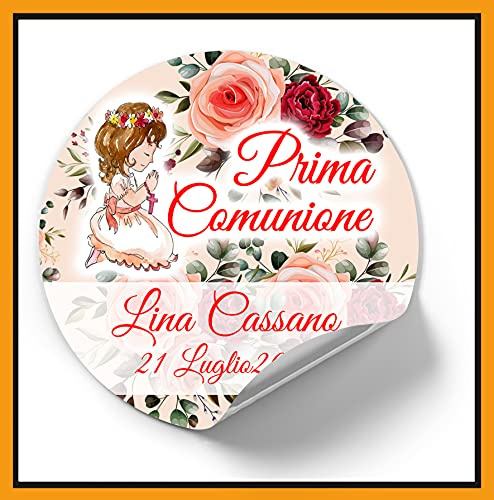Mr Pubblicità - n. 100 Adesivi Prima Comunione, Stampa inclusa PERSONALIZZALO QUI con nome, frase, data, etichette adesive per inviti, scatolini, sacchetti, bomboniere, regalini