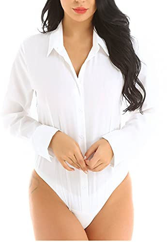Aislor Damen Bluse Blusenbody Langarm Business Top Body Bodybluse Hemdbody Tailliert V-Ausschnitt mit Druckknöpfe im Schritt X Weiß 3XL