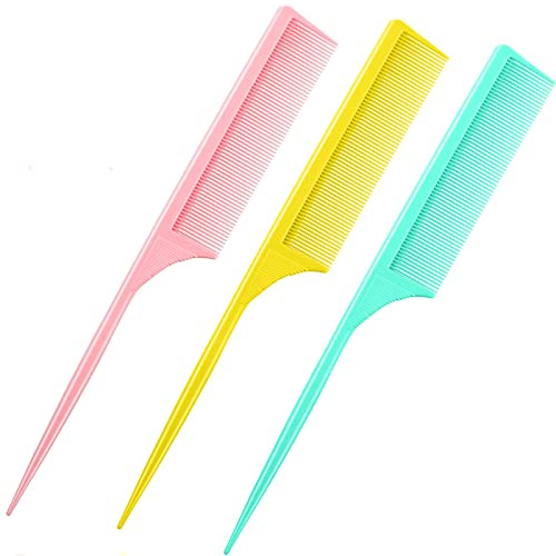 Leinuosen 3 Pack Rat Tail Combs Fine Tooth Parting Tip for Women Carbon Fiber Heat Resistant Anti Static Teasing for Back Combing Root Teasing Adding Volume Evening Styling(Pink, Yellow, Green)