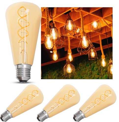 linovum 4 Stück LED Filament Glühbirne E27 Edison Form dimmbar extra warmweiß 1700K, ST64 Vintage Retro Leuchtmittel 3,8W in Amber Optik