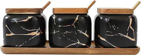 Lot de 3 sucriers en marbre avec couvercle et cuillère à sucre, plateau en bois, support à sucre pour sucre, service, thé, café, épices, sel (noir)