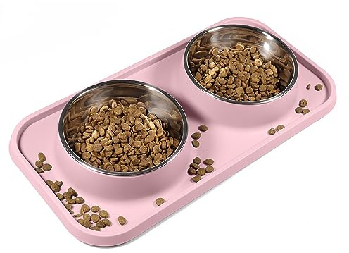 L.D.Hund- och kattmatskålar, kattskålar halkfria och spillfria silikonmattor med stativ, avtagbara mat- och vattenskålar i rostfritt stål för katter, små hundar (rosa)