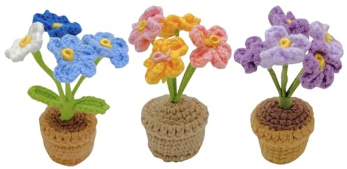 YANGSHINE Set mit 3 handgefertigten, gehäkelten Mini-Kunstblumen im Topf für die Dekoration von Büro, Auto, Armaturenbrett, Farbe #3