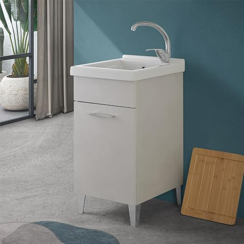Inbagno Mobile lavanderia 45x50 cm grigio calce con 1 anta, lavatoio in ceramica con piletta e sifone incluso, MOON