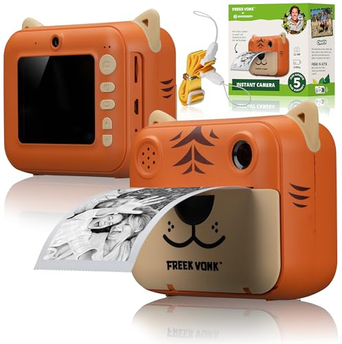 Freek Vonk x Bresser Kinder Sofortbildkamera mit Drucker Tigerdesign | Front und Rückkamera, 12 MP Fotos, Full HD Videos, 16 Rahmen, 2,4 Zoll LCD, 3 Fotorollen frei von BPA und BPS