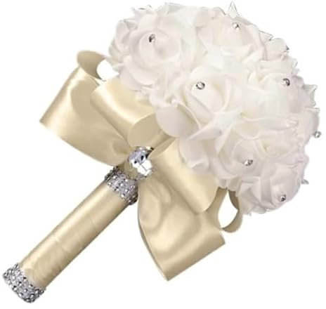 Hrlace Brautsträuße für Hochzeit Brautstrauß künstlich Kristall-Diamant-Schaumstoff-Rosen Hält Blumen mit Schönem Band Hochzeitsstrauß Deko für Hochzeitszeremonie, Jubiläumsparty Milch weiß