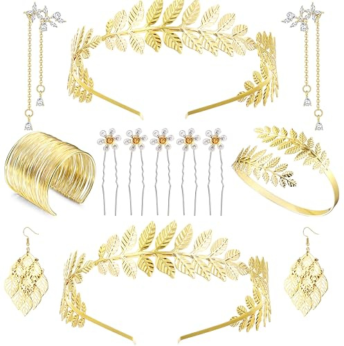 LOLIAS Accessori Costume Dea Greca Foglia D'alloro Corona Fascia Braccio Braccio Rocchetto Bracciale Foglia Orecchino di Perla Sposa Copricapo da Sposa Bigiotteria Carnevale Donna