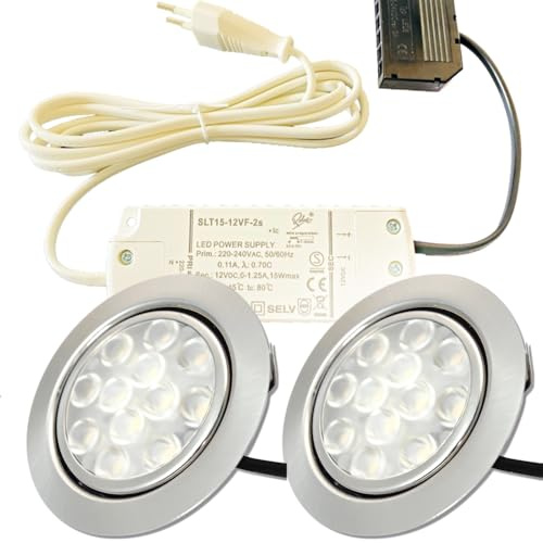 2er Set: Flache LED Möbelleuchten Einbauspots in der Farbe Edelstahl gebürstet, 3W, warmweiß (3000K), 200lm, 12V, 15W LED Trafo 230V. Für Wohnzimmer, Küche und Bad. Plug-and-Play-System.