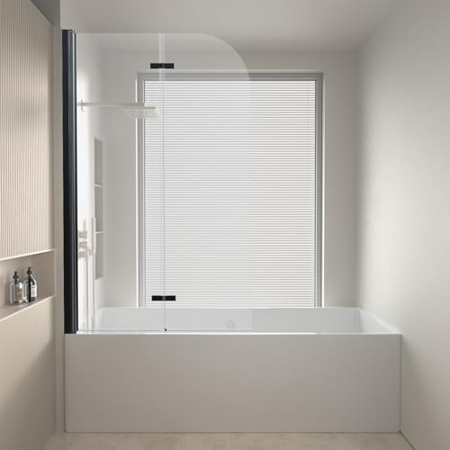 Frameless Shower Door for Bathtub 34 W x 58 H, Bi-Folding Clear Tempered Glass Screen - 180 Degree Hinged Pivot, Matte Black Bathroom Door