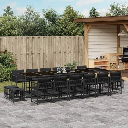 Homgoday 17-TLG. Garten-Essgruppe mit Kissen Gartenmöbel Set Balkonmöbel Sitzgruppe Stühle mit Tisch, Terrassenmöbel Gartenstuhl Gartentisch, Gartengarnitur Schwarz Poly Rattan
