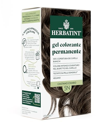 Herbatint Permanente Haarfarbe Gel 5N Hellbraun - 170 ml | Ammoniakfrei, 100% Abdeckung für weißes Haar | für empfindliche Haut, mit 8 natürlichen Bio-Extrakten