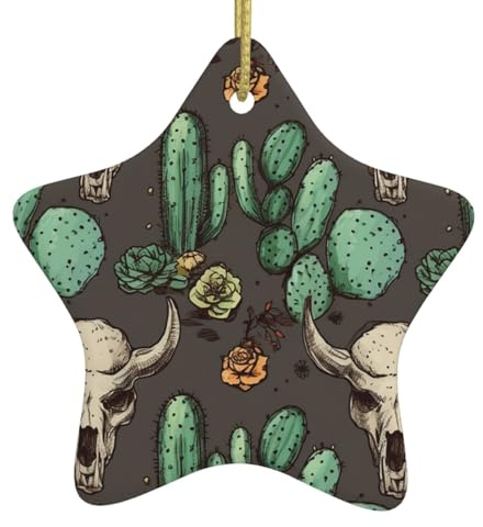 Crâne de taureau et cactus mignon Décoration de Noël en céramique à suspendre pour sapin de Noël Ornements de vacances Ornements avec corde dorée Pendentifs en porcelaine pour décoration de fête de