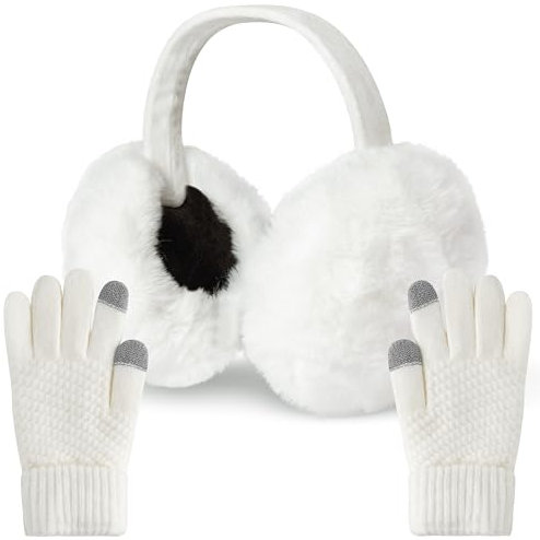 TirEurt Winter Ohrenschützer Gestrickte Touchscreen Handschuhe Set, 2 Stück Winter Plüsch Ohrenwärmer Strickhandschuhe, Flauschig Earmuffs Ohrenschützer Fingerhandschuhe für kaltes Wetter (Weiß)