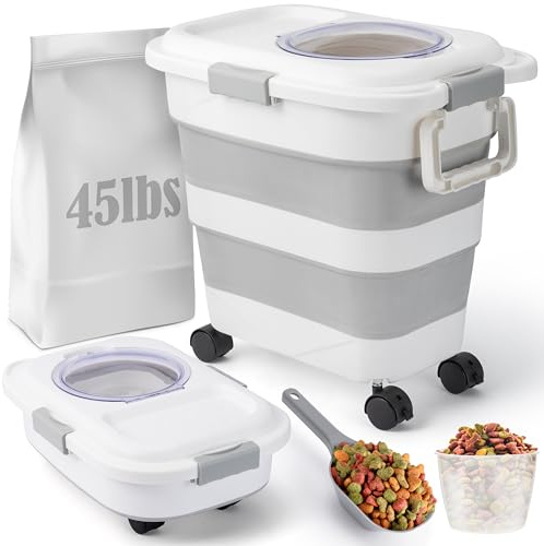 BeYumi Dog Food Storage Container, Collapsible Pet Food Container with Spinner Wheels Scoop and Measuring Cup, Airtight Multifunctional Food Storage Bin for Dog Cat Bird Animal Dry Meal Rice