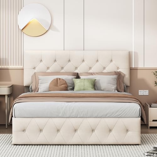 KEFSR 160x200 cm Polsterbett Bettgestell mit getuftetem Kopfteil, Bett aus weißem Samt mit Stauraum, modernes Hydraulikbett mit Lattenrost und Bettkasten, Matratze nicht enthalten