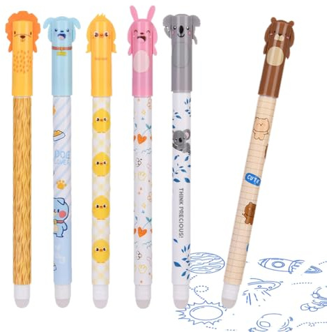 HABNI 6 Stück Radierbarer Gelschreiber Set, 0,5 mm Radierbarer Gel Stift, Kawaii Tierdesign Radierbarer Stift, Schul Bürobedarf, Temperaturempfindlich Tinte(Blau)