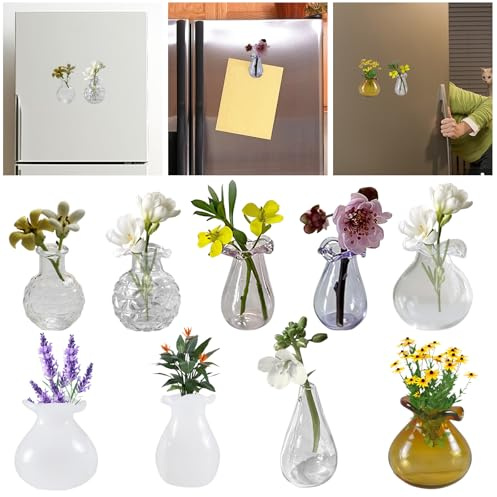 NAESM 8 Pcs Mini Refrigerator Vase Magnets, 3D Style Refrigerator Accessories, Cute Mini 3D Glass Flower Vase Funny Refrigerator Accessories Kitchen Office Decoration
