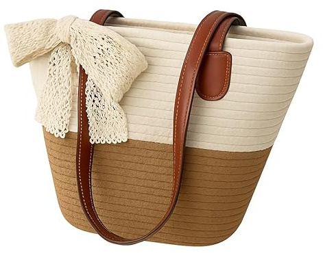 Générique Sac en Paille Tissé avec Dentelle Décorative, Look K-pop, Taille MOYENNE, Style Décontracté, Idéal Pour Shopping et Effets Personnels, Tote Bag, Cabas. (Blanc Cassé & Marron)