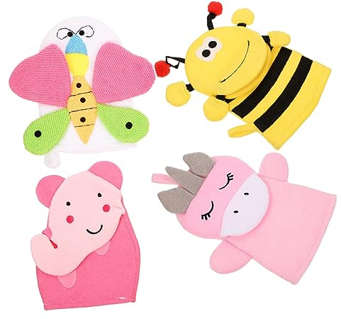 Kinder Cartoon Badehandschuhe -pack aus Verbundbaumwolle | Dusch und Badeeinsatz, für Gesicht und Körper, Kreative Form, 4 Stück Zufälliger Stil