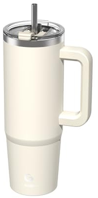 BIGRD 890ml Insulated Coffee Cup Travel Mug Double-Walled Stainless Steel Vacuum Leak-Proof Drinking Cup with Handle and Straw Thermal Tumbler,Beige