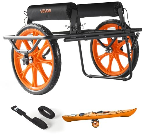 VEVOR Chariot de Kayak, Capacité de Charge 150 kg, Chariot de Transport Paddle Pliable Compact, avec Pneus en Caoutchouc Plein 38 cm, Pied de Support, Sangles d'Arrimage, pour Kayaks, Canoës, Paddles