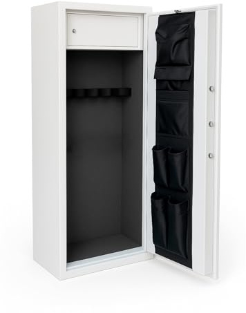 BRICOZONE Armadio Portafucili Blindato In Acciaio Per Fucili Con Serratura Di Sicurezza Chiusura Multipunto Vano Munizioni Antigraffio Custodia Armi Domestica Professionale Bianco Frassinato(7 Posti)