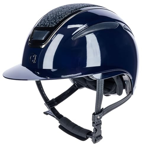 Covalliero Elite Polo Casque d'équitation pour femme et enfant Bleu laqué Tour de tête 59-61 cm Avec visière polo Avec système de ventilation et système à disques
