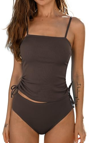 CUPSHE Women's Tankini Set Two Piece Swimsuit High Waisted Adjustable Straps Ruched Ribbed Side Drawstring, L Chocolate Brown