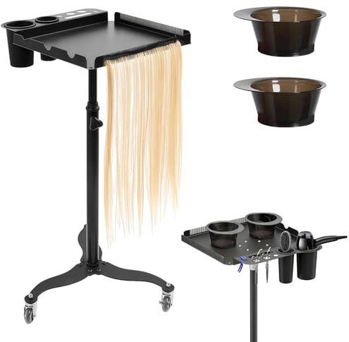 Friseurwagen Rollwagen auf Rollen Salon Rollwagen Salon Trolley mit 2 Magnetischen Schüsseln, Höhenverstellbare Salon-Färbetablettwagen mit Fönhalterung, Kammlineal für Extensions Aller Art