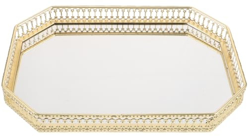 SOESFOUFU Vassoio rettangolare in vetro con specchio e finiture dorate - Piatto portagioie per donna, organizer da toeletta vintage - Contenitore per profumi e trucchi per camera da letto, 28 x 20 cm