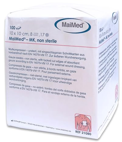 MaiMed Kompressen 10 x 10 - 100 Stück unsterile Mullkompressen - 8 Lagen - Wundkompressen nicht wundverklebend