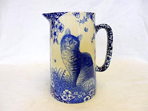 4 Pint Extra Large Jug inInglaze Blue Cat Design by Heron Cross Pottery.
