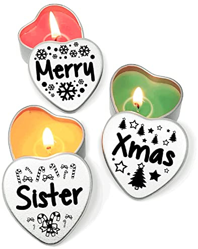 Personalised Set of 3 Merry Christmas Mini Heart Shaped Silver Tins Tealight Style Candles. Secret Santa Gift orXmas Dinner Place Settings. Each tin is 45x45x25mm. (Sister)
