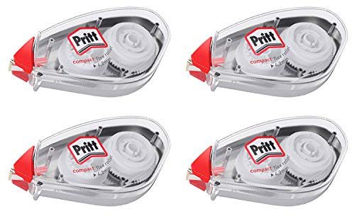 Pritt Korrekturroller Compact Flex, sofort überschreibbar, einfache Anwendung durch flexible Spitze, Bandlänge 10 m, Bandbreite 4,2 mm, Spar-Set mit 4 Rollern, 9H PCK4B4X