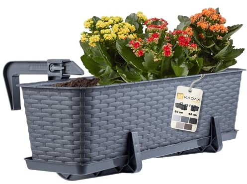 KADAX Blomlåda 60 cm grafit med hållare och underlägg, rottinglook – planteringskruka för räcken, hållbar balkonglåda