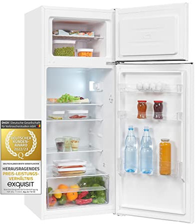 Exquisit® Frigorífico Combi 206L, Color Blanco, Clase E, Congelador 4 Estrellas, Puerta Reversible, Estantes de Cristal, Cajón Verdulero, Iluminación LED, Medidas (143,0 x 55,0 x 58,0 cm)