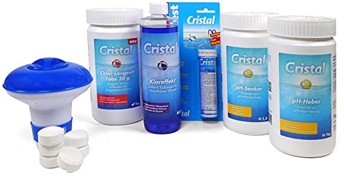Cristal Poolpflege-Set - 7-teiliges Komplettset für kleine Pools ab 2000 l - Inklusive Wasserpflegeprodukte & Zubehör - Einfache Poolreinigung