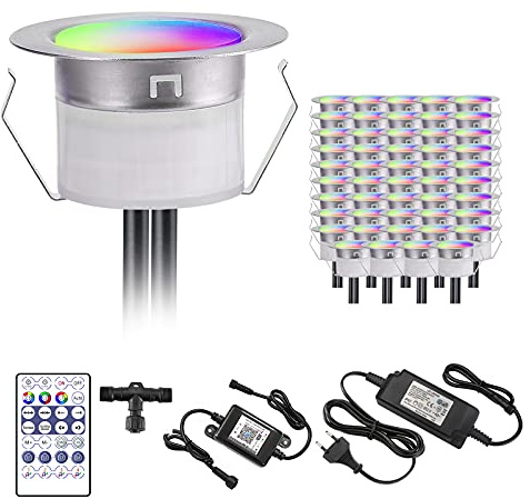 WiFi Dreamcolor RGB LED Bodeneinbauleuchten Multicolor Chasing Effekt Terrassenbeleuchtung Arbeitet mit Alexa, Google Home,DC12V Ø45mm IP67 Wasserdicht LED Einbaustrahler Terrassen 30er Full Kit