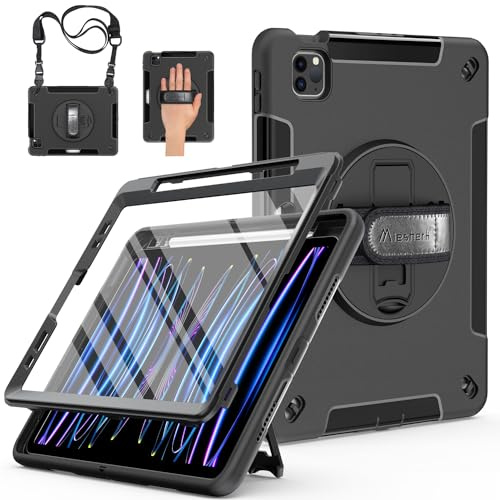 Miesherk Hülle für iPad Pro 11 4./3.2./1. Gen 2022/2021/2020/2018 Schwarz | Robuste 3-schichte Stoßfest Case mit Displayschutzfolie, Stifthalter, 360°Drehbarem Ständer/Handschlaufe, Schultergurt