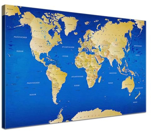 LANA KK - Premium Pinnwand Weltkarte - Blau - Deutsch - in 80 x 60 cm, stabile Rückwand zum Pinnen inkl. Starterkit - Leinwand-Kunstdruck Wandbild Landkarte XXL